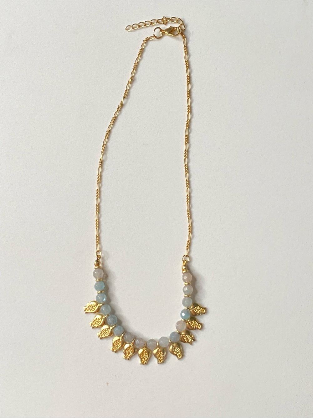 Gold Leaf Necklace with Light Blue Beads